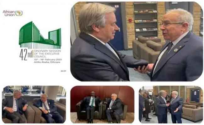 لقاء لعمامرة بالأمين العام للأمم المتحدة ونظيريه الموريتاني والبرتغالي